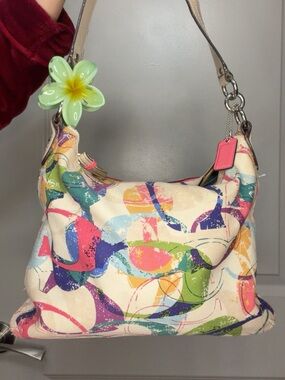 Coach Multicolor Abstract Canvas Shoulder Bag in Cream, Pink, Blue, Green